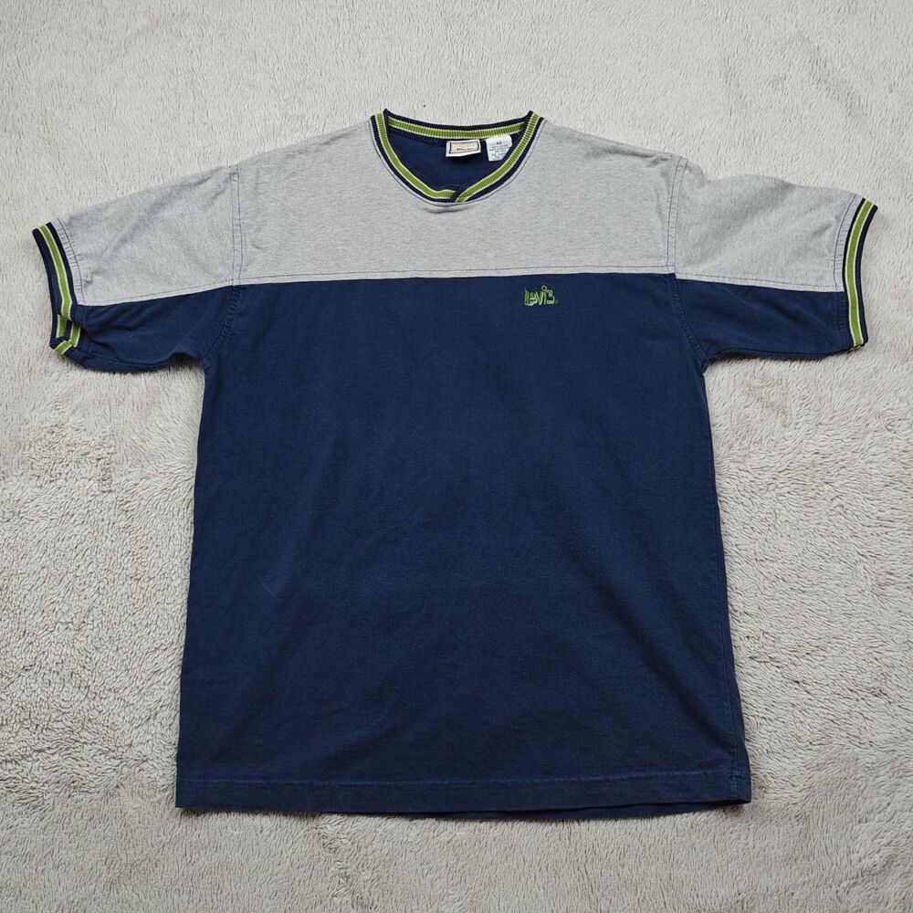 Vintage 90s Levi's Authentic Jeanswear T-shirt Women M Blue Green Trim Geek Y2K